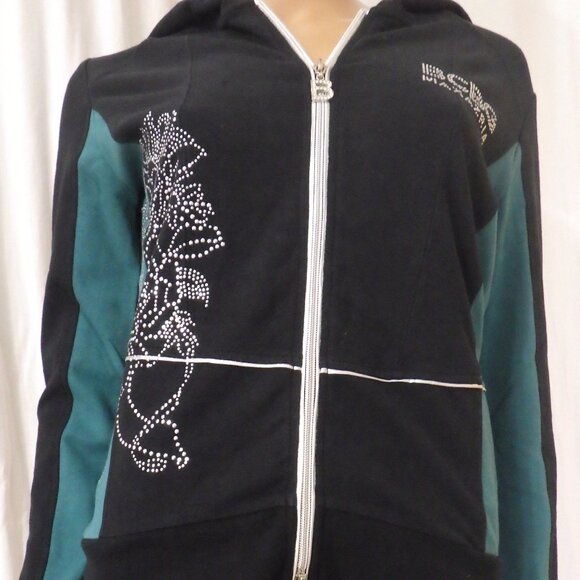 NWT BCBG sz SMALL MED LG XL 95% cotton TEAL BLK COLORBLOCK STUDDED 2PC TRACKSUIT - Picture 11 of 14